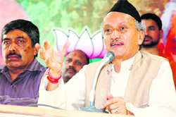 Bhagat Singh Koshiyari, vice-president of the BJP and Rajya Sabha MP, addresses a press conference in Dehradun on Sunday.
