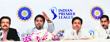Pune IPL team owner Abhijit Sarkar, IPL Commissioner Lalit Modi, BCCI vice-president Rajiv Shukla and Kochi co-owner Shailendra Gaikwad announcing the new teams.