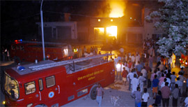 A pesticide godown at the grain market on fire, in Bathinda late on Monday evening. 