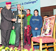 Chief Minister Prof Prem Kumar Dhumal inaugurating the Conference on Himalayan Environment: Issues and Challenges in Peter Hoff at Shimla on Monday.