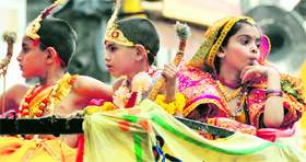 Kids dressed up as Lord Ram, Laxman and Sita during the Ram Navami shobha yatra in Ludhiana on Monday.