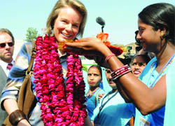 Princess of Belgium, Mathilda, being welcomed by workers of Sulabh International in New Delhi on Tuesday.