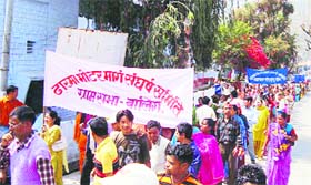 Women from the Darma valley protest at the tehsil headquarters in Dharchula