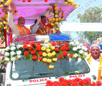 Rule book misread? A police vehicle being used to ferry guests during the Ram Navami procession in Jalandhar