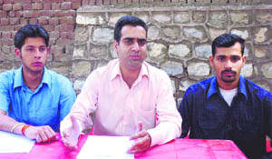 Members of the Sangharsh Samiti address mediapersons in Jammu on Wednesday.