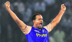 Rajasthan Royals Yusuf Pathan reacts after taking the wicket of M Kaif in Mohali on Wednesday.