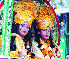 A shobha yatra being carried out on Ram Navami in Amritsar.