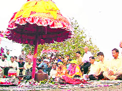 The sacred umbrella that depicts a local deity at the Chaitol festival in Pitthoragarh on Friday.