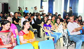 Students of BBA of ICFAI National College at their farewell party on Friday.