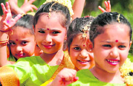 Children get ready to perform during an orientation session for parents at Sacred Heart Convent School, Ludhiana, on Saturday.
