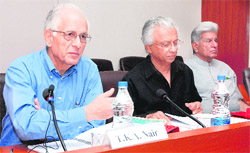 TKA Nair, chairman of the task force on micro, small and medium enterprises, with Arun Maira and CRRID chairman Rashpal Malhotra, at an interactive session at CRRID in Chandigarh, on Sunday. 