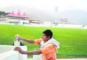 Work in progress at the HPCA stadium being readied for IPL matches at Dharamsala
