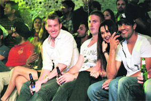 Brett Lee and Preity Zinta share a light moment.