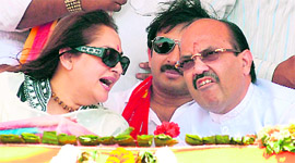 Expelled Samajwadi Party leaders Amar Singh and Jaya Prada at the Kshatriya Maha Kumbh rally at Ram Lila ground in New Delhi on Sunday.