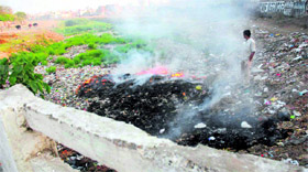 Garbage being burnt in a nullah near Sector 14 in Karnal. A number of localities are situated on both sides of the drain which passes through the city. Residents have no option but to live in a polluted environment.