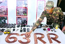 Ammunition seized from militants being displayed at the Army Cantonment in Nagrota on Monday. A Tribune photograph