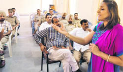 Behaviour trainer Palwi Walia during an interaction session with cops at the police lines in Ludhiana
