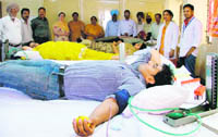 Volunteers at a blood donation camp organised by the BSNL Employees Union in Ludhiana 
