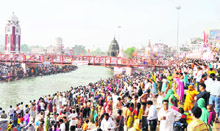 The rush of devotees at Har-ki-Pauri during the third Shahi Snan in Haridwar on Tuesday. 