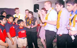 Students from the UK interact with The British School students at Sector 44, Chandigarh, on Wednesday. A Tribune photograph