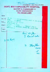 The OPD card for surgery ward on which Dr Kaushal prescribed the medicine and the test