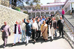 Congress CLP leader Vidya Stokes with state Congress party chief Kaul Singh Thakur and other Congress MLAs walk out of the assembly during the vidhan sabha session at Shimla on Thursday. 