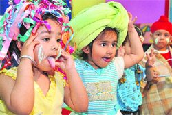 Tiny tots of Lovely Lotus School participate in all fools party in Ludhiana on Thursday.