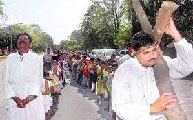 Devotees take part in a ‘shobha yatra’ on the occasion of Good Friday at Sector 32 in Chandigarh on Friday.