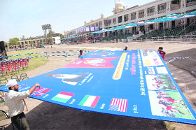Workers busy with final preparations for the World Cup Kabaddi at the Yadawindra Sports Stadium in Patiala on Friday