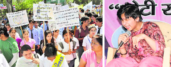 A rally being taken out; and (right) a girl sings at a function organised on World Autism Awareness Day in Dehradun on Friday.