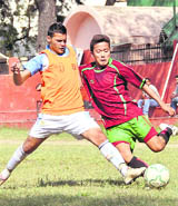 A match in the BS Negi Memorial Football Tournament being played in Dehradun on Friday.