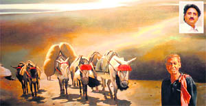 One of the paintings of Suman Gupta (inset) on display at Zorawar Auditorium in Jammu.
