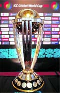 The trophy for the Cricket World Cup 2011 is displayed during a news conference in Colombo on Friday. - Reuter