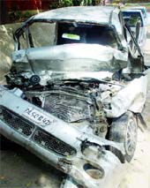 A Santro car that was hit by a truck at Sardar Patel Marg late last night, at Chanakyapuri police station 