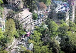 A view of traffic jam on the NH-22 in Shimla on Saturday. Tribune photo: Amit Kanwar
