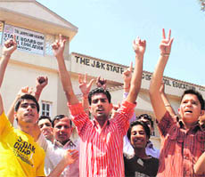 Activists of the Jammu Joint Students Federation hold a protest in Jammu on Saturday.