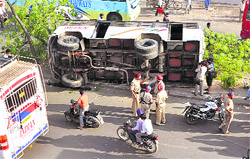 The overturned bus in Ludhiana on Saturday. 