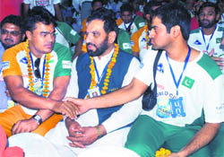 Indian and Pakistan players greets each other on Saturday.