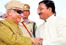 Chief Minister Ramesh Pokhriyal Nishank greets former Chief Minister ND Tiwari at the function. Tribune photographs