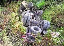 A truck that fell into a gorge on the Mussoorie-Kempty Road on Sunday.