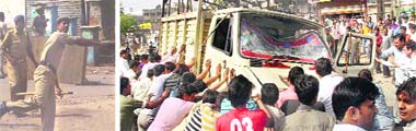 Policemen disperse a mob protesting against alleged transportation of beef in Faridabad; and (R) a truck being attacked near the towns YMCA Chowk