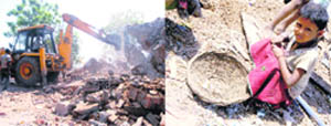 A demolition drive by the estate office in progress; and (right) a girl tries to salvage whatever she can from the debris after the drive at Mani Majra