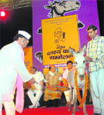 A donkey is garlanded during the Hasya Kavi Sammelan organised to mark Fools Day in Karnal.