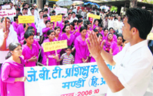 SSB volunteers hold a protest march in support of their demands at Mandi on Monday.