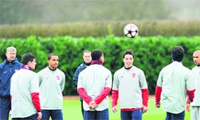Arsenal players train ahead of their clash against Barcelona