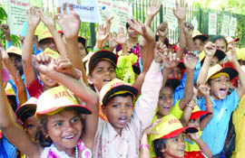 Children from West Bengal demand separate ministry for NGOs and increase in budget allocation for development works, at Jantar Mantar in New Delhi on Tuesday. The kids were brought here by the All-India Association of Voluntary Agencies, an NGO.