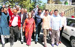 Congress legislative party (CLP) leader and other Congress MLAs raise slogans in protest against the registration of FIR against Congress Subhash Manglait at Shimla on Tuesday. Tribune photo: Amit Kanwar