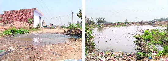 Land allotted for the Advanced Training Institute serves as a garbage and sewage dump; and (right) sewage flows towards the institute at Doraha