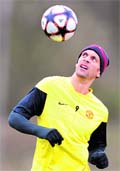 Manchester Uniteds Rio Ferdinand during a training session in Manchester on Tuesday. Manchester play Bayern Munich in a Champions League quarterfinal on Wednesday.  Reuters