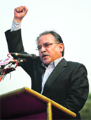 Maoist chairman Prachanda addresses a gathering to mark People's Movement Day in Kathmandu on Tuesday. Maoists had declared the start of a new round of protests from Tuesday to uphold civilian supremacy, national integrity and for timely constitution drafting in the country. 